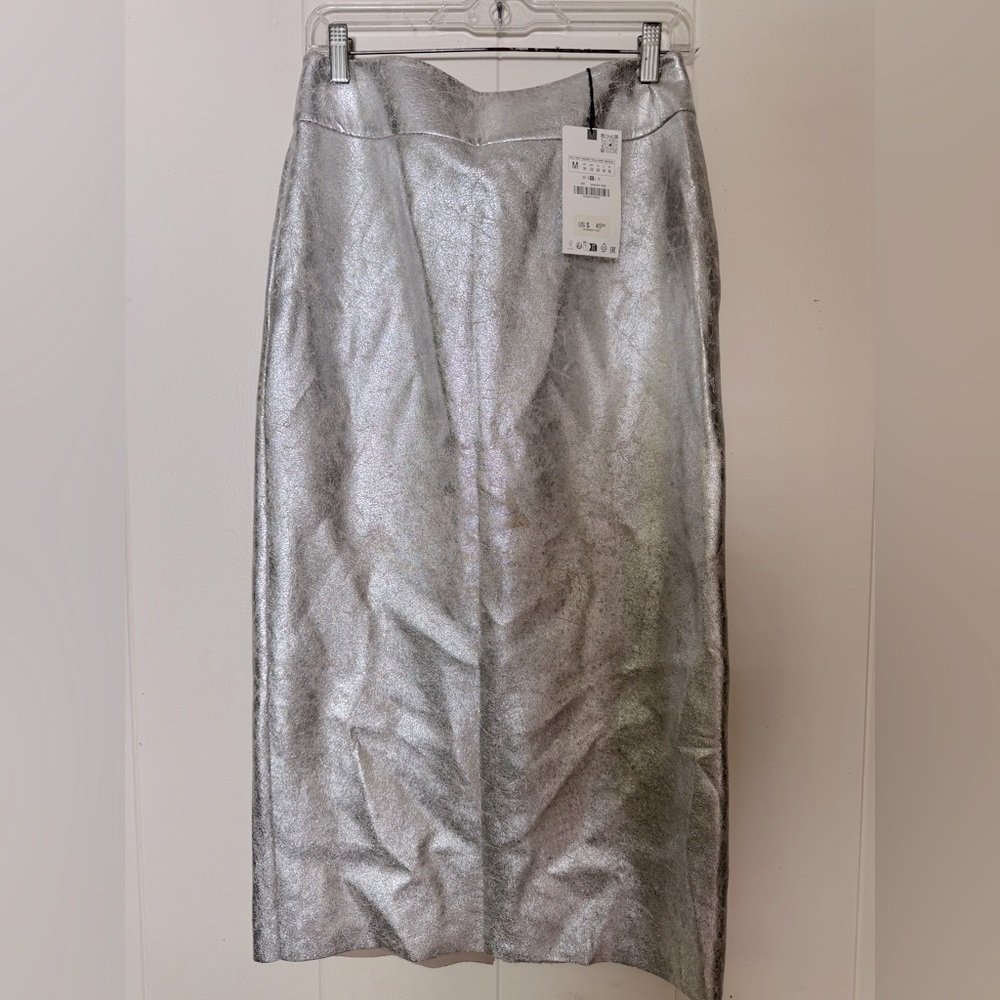 Zara faux leather silver crinkle pencil skirt